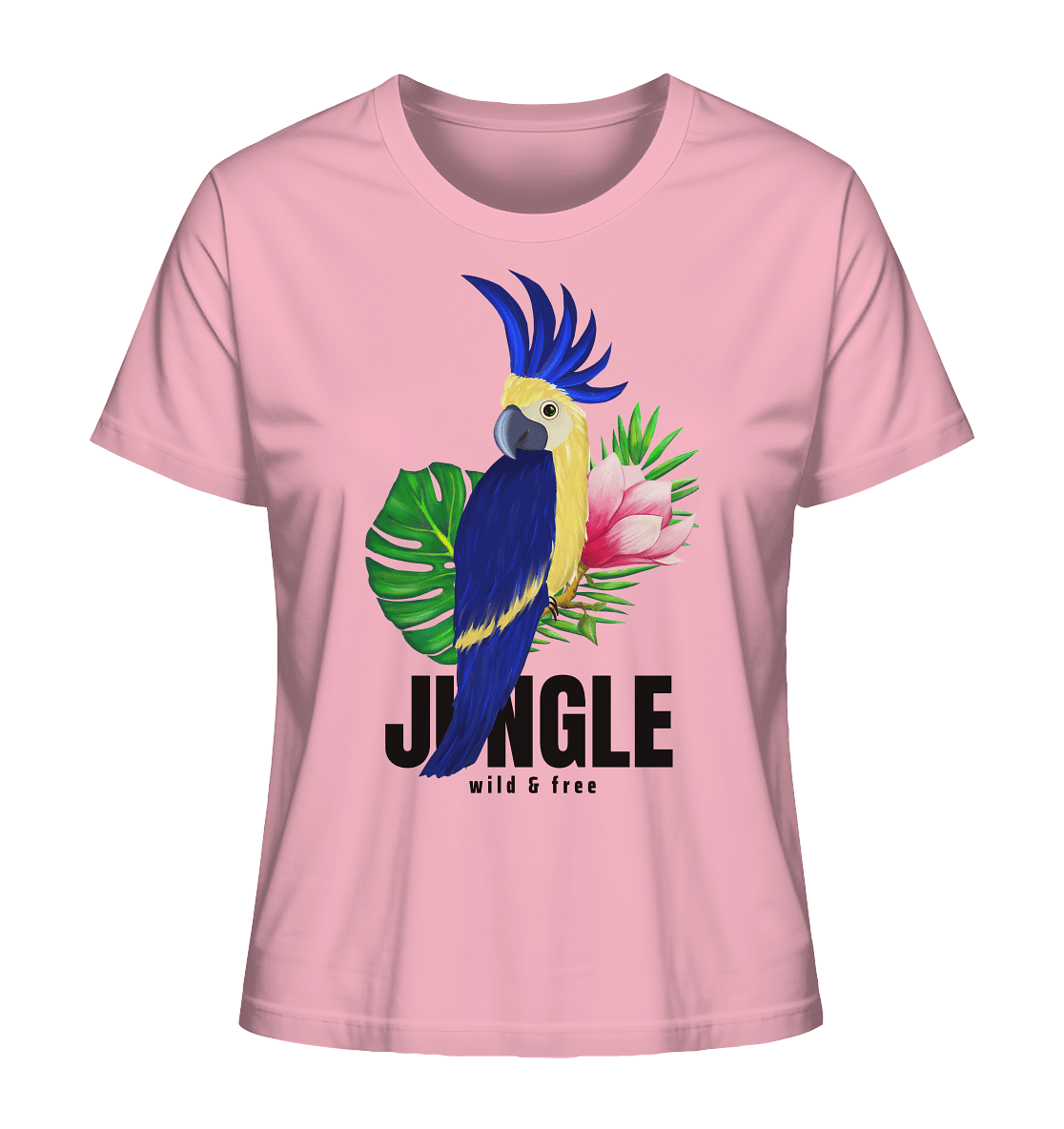 Damen-T-Shirt-mit-Papagei-exotische-Blumen-Jungle-rosa