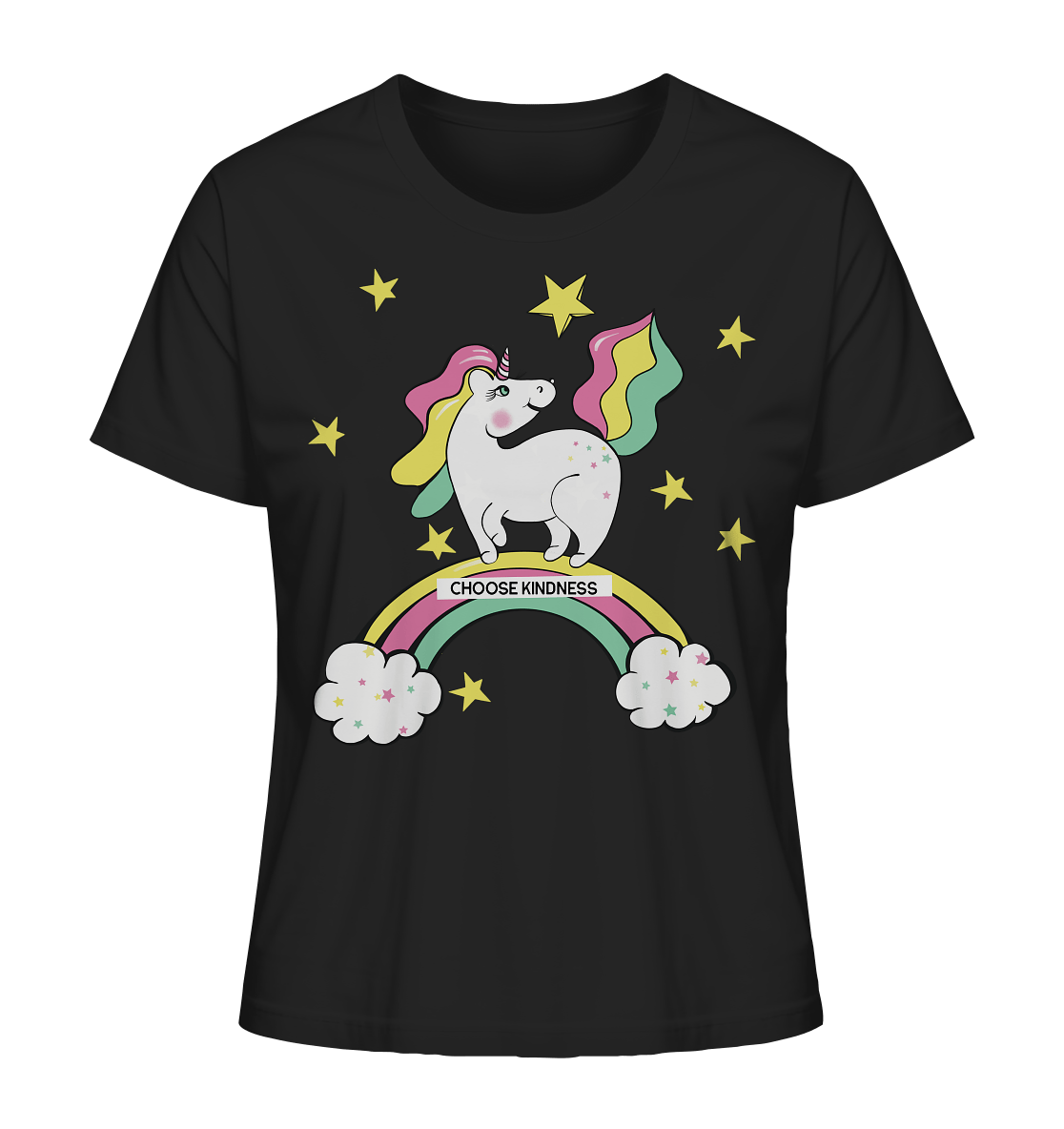 Damen T-Shirt mit Einhorn auf dem Regenbogen unicorn