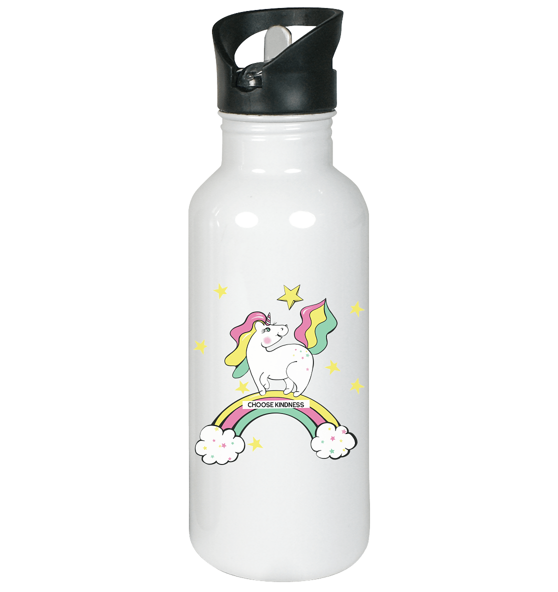 Edelstahl Trinkflasche mit dem Einhorn Pferdchen auf dem Regenbogen