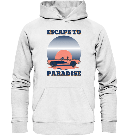 Stylisches und bequemes Herren Kapuzenpullover mit trendigem Retro Design und Beschriftung "Escape to Paradise". 