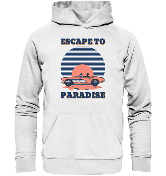 Stylisches und bequemes Herren Kapuzenpullover mit trendigem Retro Design und Beschriftung "Escape to Paradise".