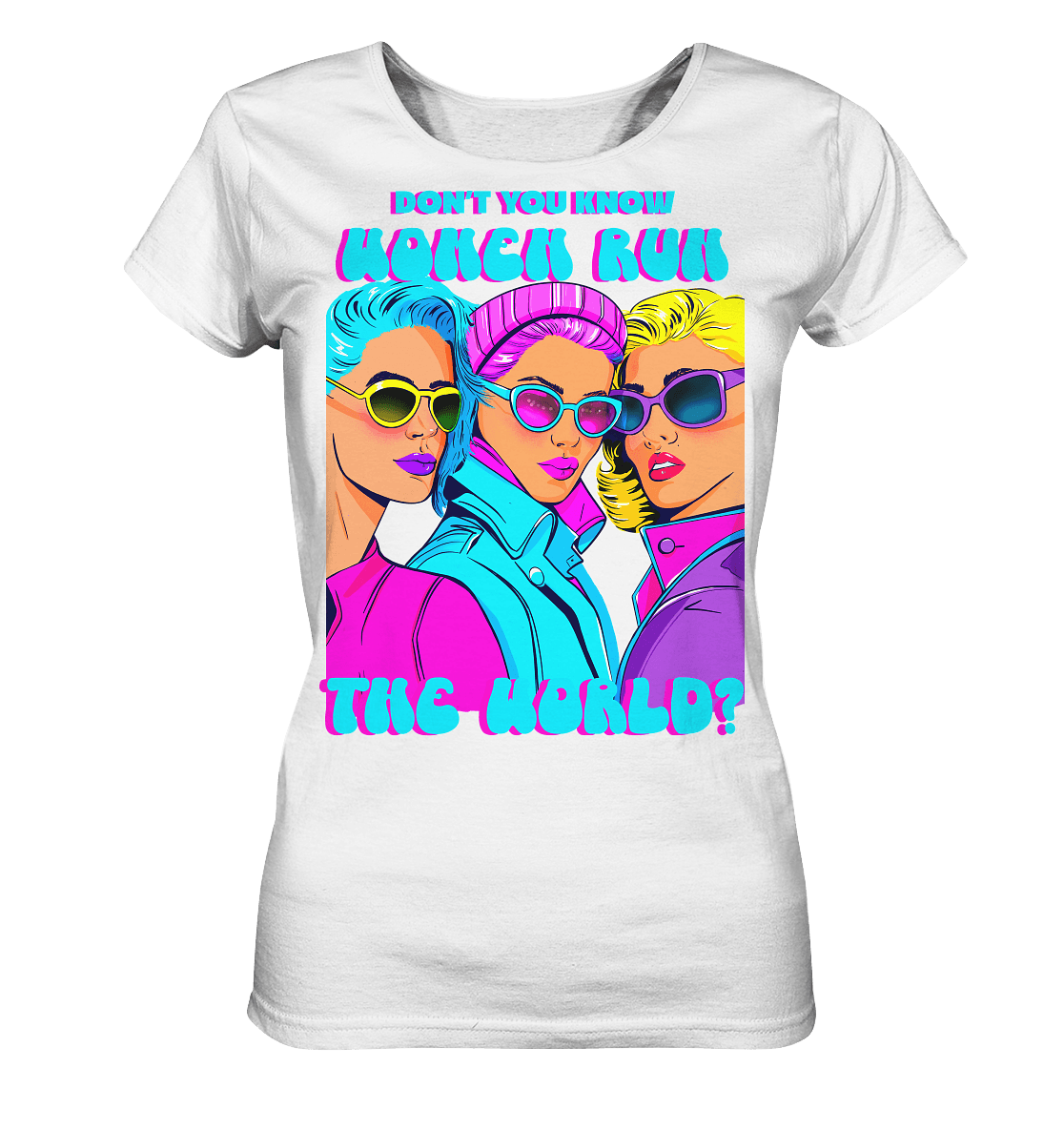 POP-Art-Women-Run-The-World-Fashion-Statement-T-Shirt-color-blocking-pink-blau-purple