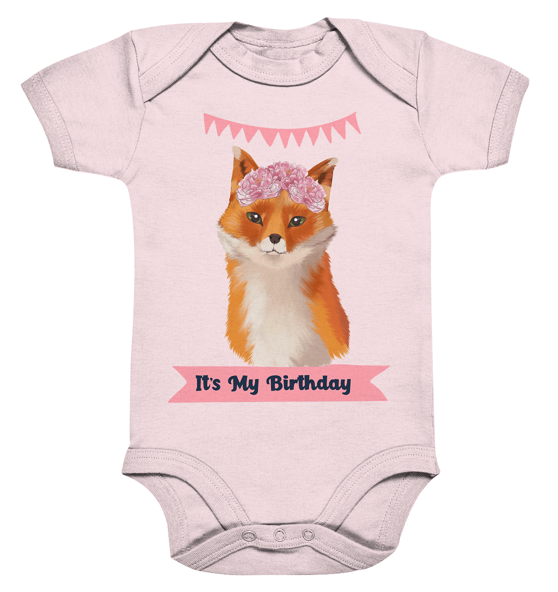 Baby Body in zart rosa mit dem handgezeichneten Fuchs und der Beschriftung "It's My Birthday."