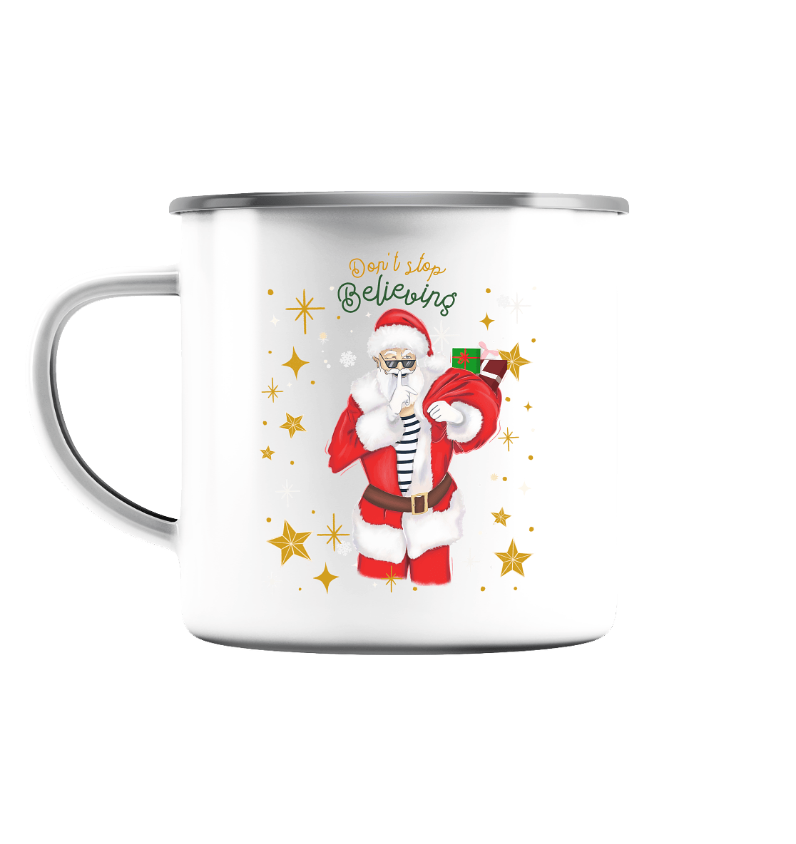 Emaille Tasse (Silber) mit Weihnachtsmann