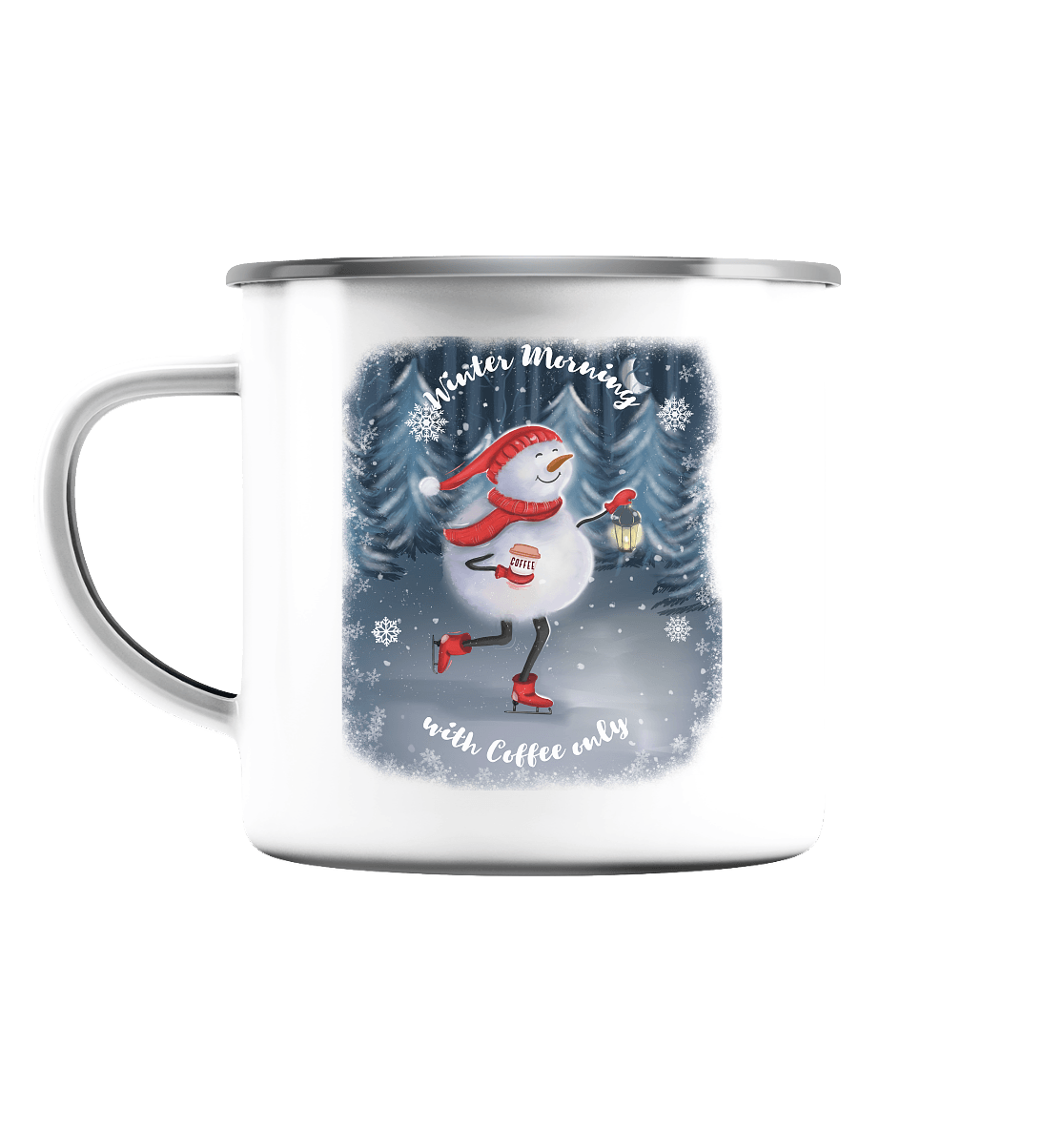 Emaille Tasse (Silber) mit Schneemann