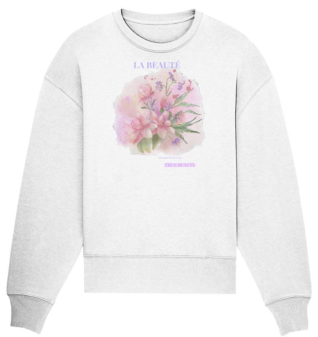 La BEAUTE TRUE BEAUTY Statement Damen Oversize Sweatshirt mit handgezeichneten Watercolor Art Design.