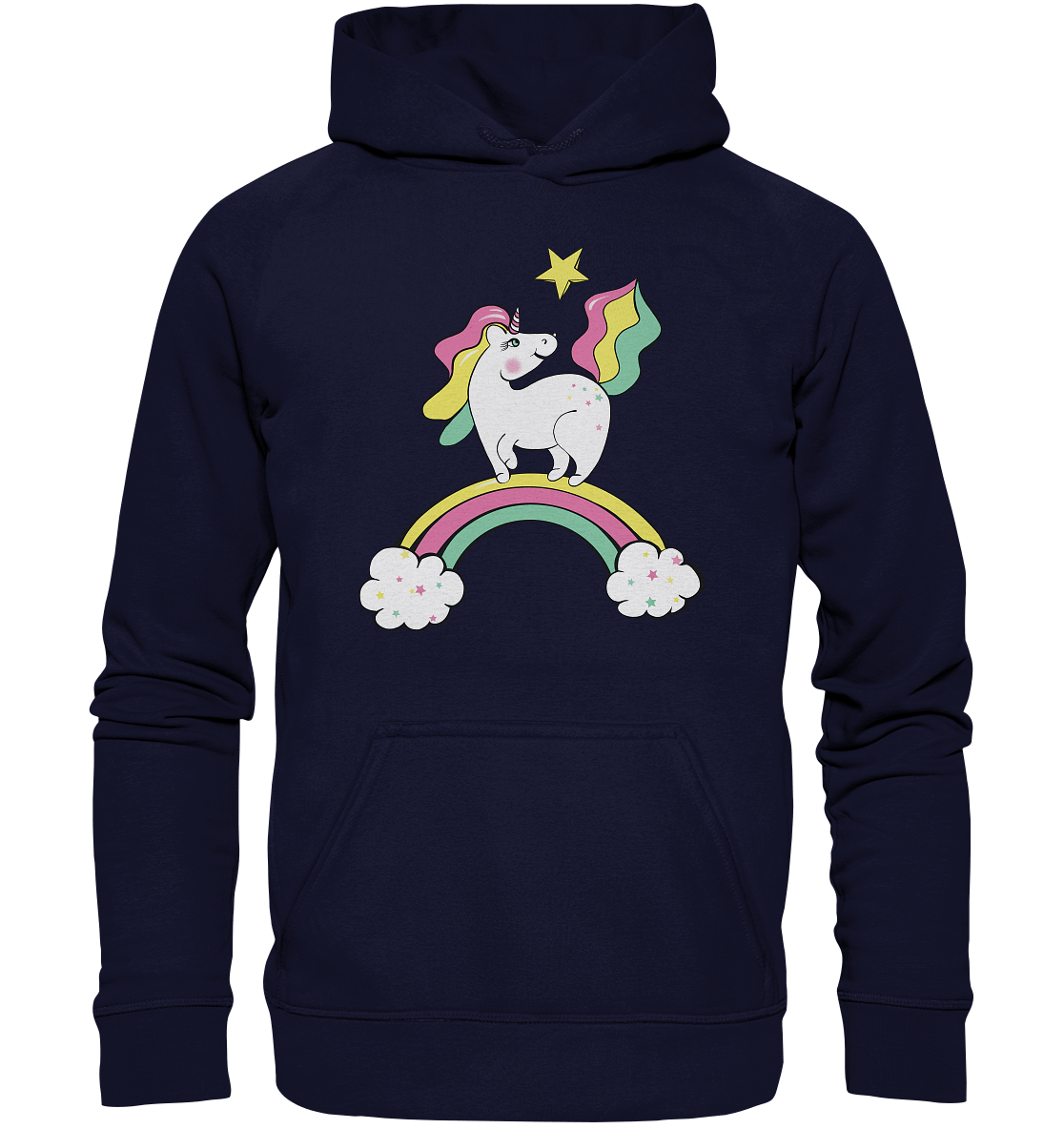 Einhorn Sweatshirt Kapuzenpullover Unicorn auf dem Regenbogen Hoodie in navy blau Bloominic