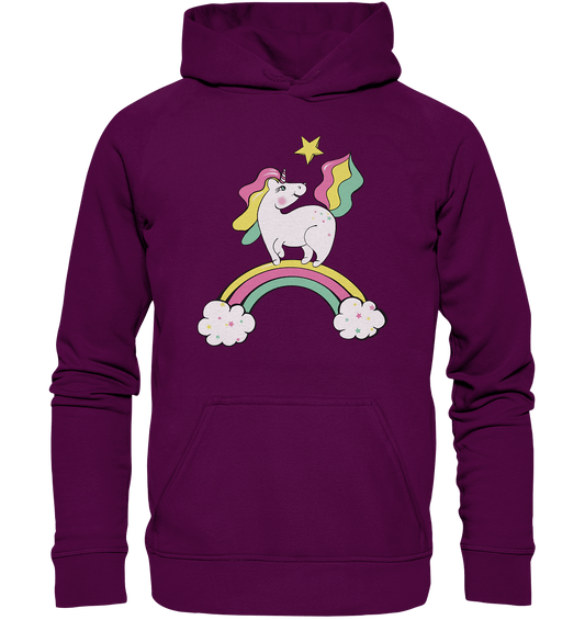 Einhorn Sweatshirt Kapuzenpullover Unicorn auf dem Regenbogen in plum