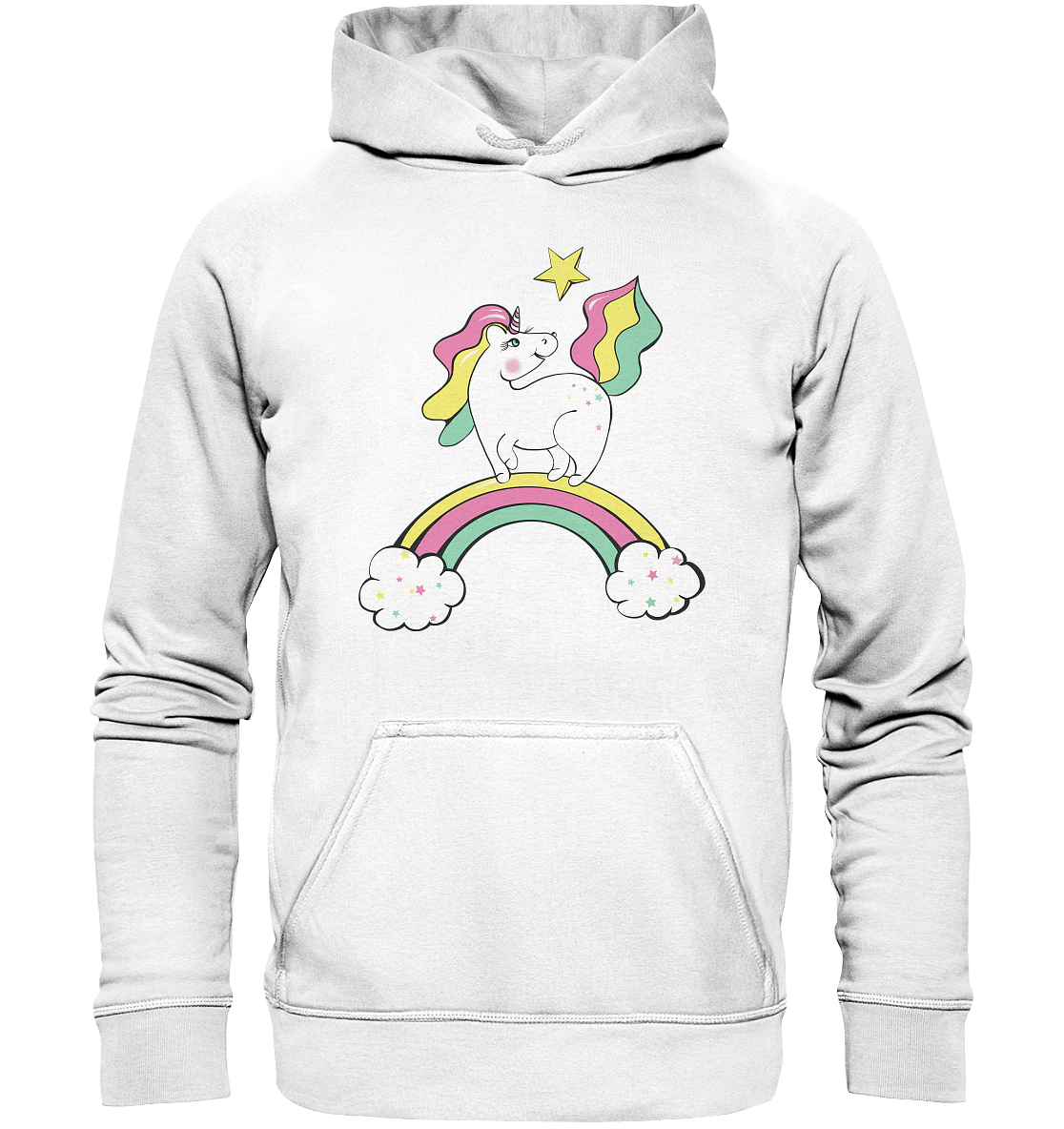 Einhorn Sweatshirt Kapuzenpullover Unicorn auf dem Regenbogen in weiss Bloominic Hoodie mit Einhorn