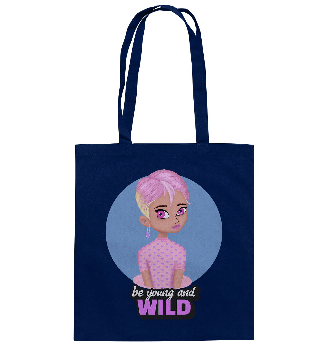 Baumwolltasche in Purple mit handgezeichneten Cartoon in rosa und Beschriftung "be young and wild"tasche in navy
