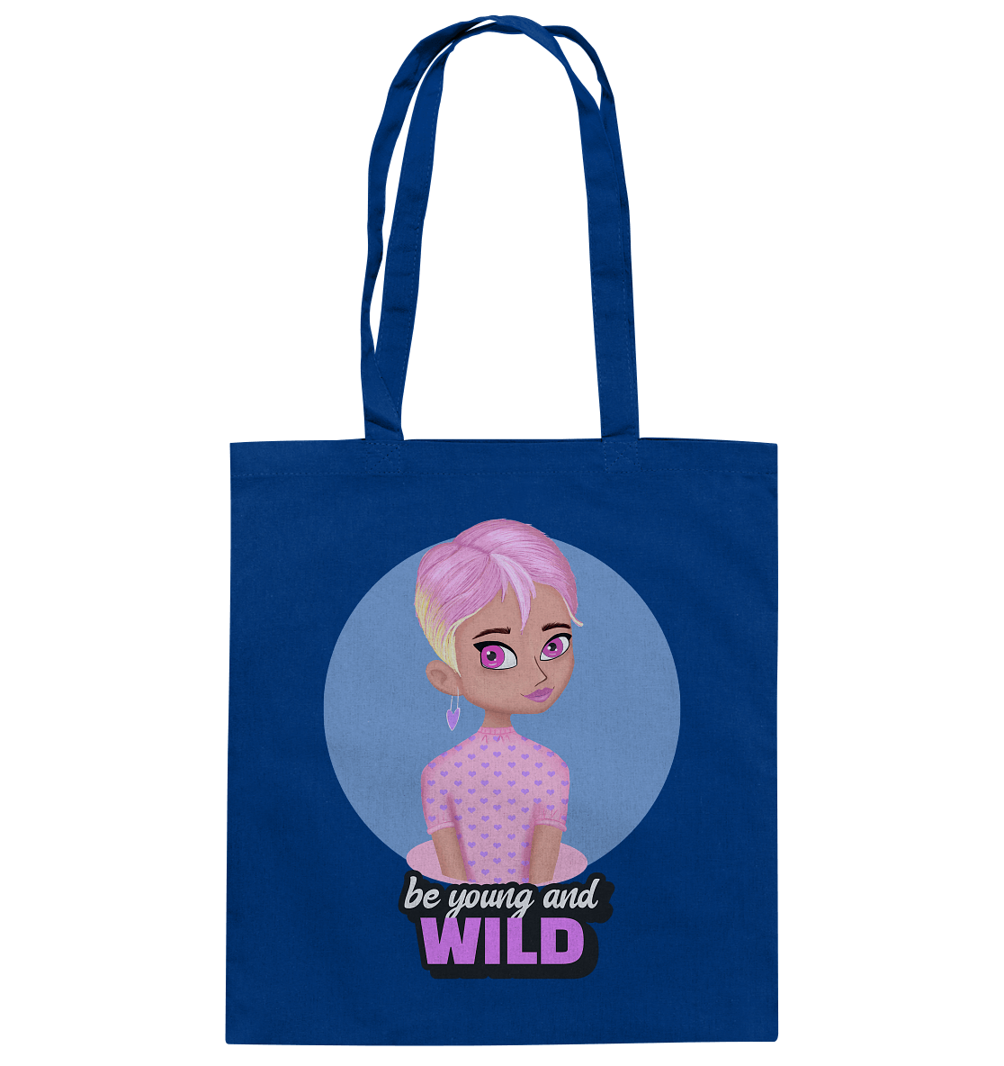 Baumwolltasche in Purple mit handgezeichneten Cartoon in rosa und Beschriftung "be young and wild" tasche in blau