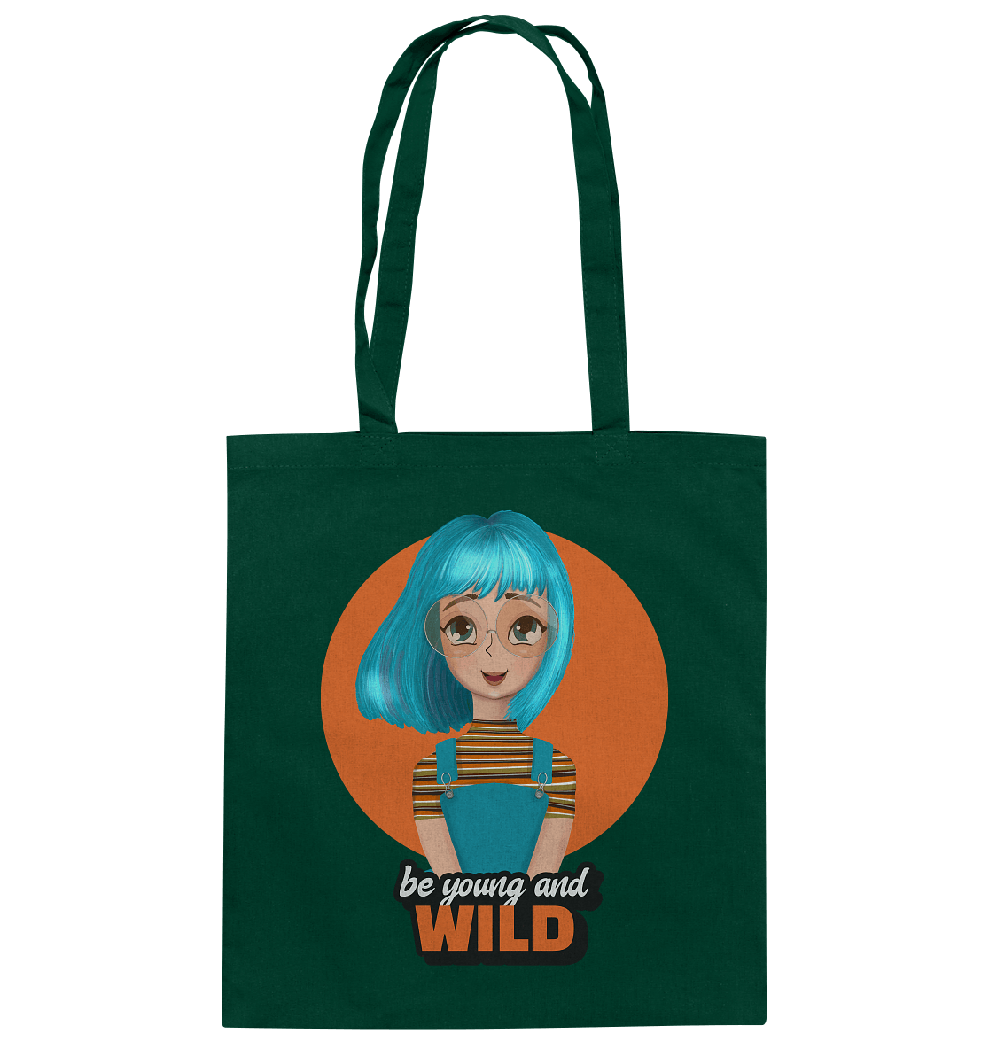Baumwolltasche in Bottle Green handgezeichnetes Cartoon mit trendigen türkisfarbenen Haaren und Beschriftung "be young and wild.