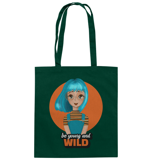  Baumwolltasche in Bottle Green handgezeichnetes Cartoon mit trendigen türkisfarbenen Haaren und Beschriftung "be young and wild.