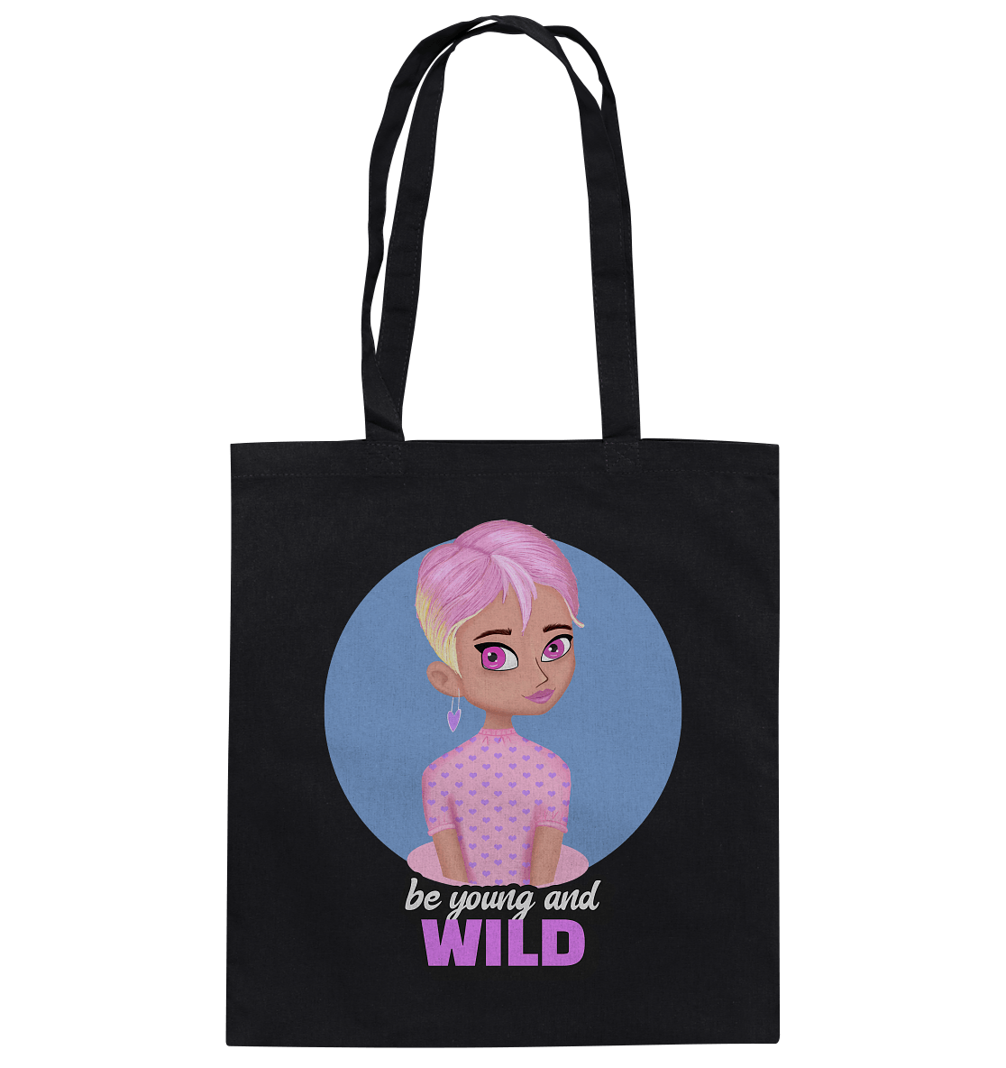Baumwolltasche in Purple mit handgezeichneten Cartoon in rosa und Beschriftung "be young and wild" Tasche in schwarz