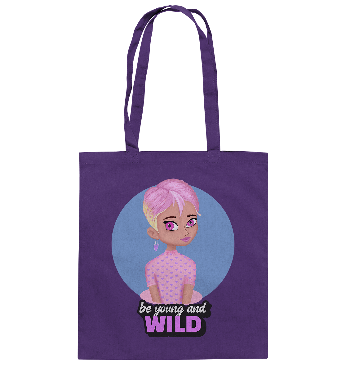 Baumwolltasche in Purple mit handgezeichneten Cartoon in rosa und Beschriftung "be young and wild"