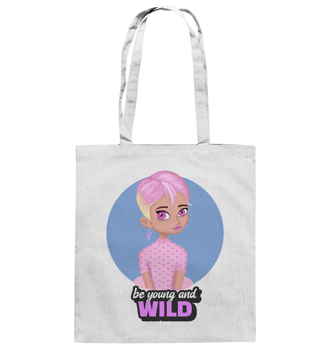 Baumwolltasche in Purple mit handgezeichneten Cartoon in rosa und Beschriftung "be young and wild" Tasche in weiß