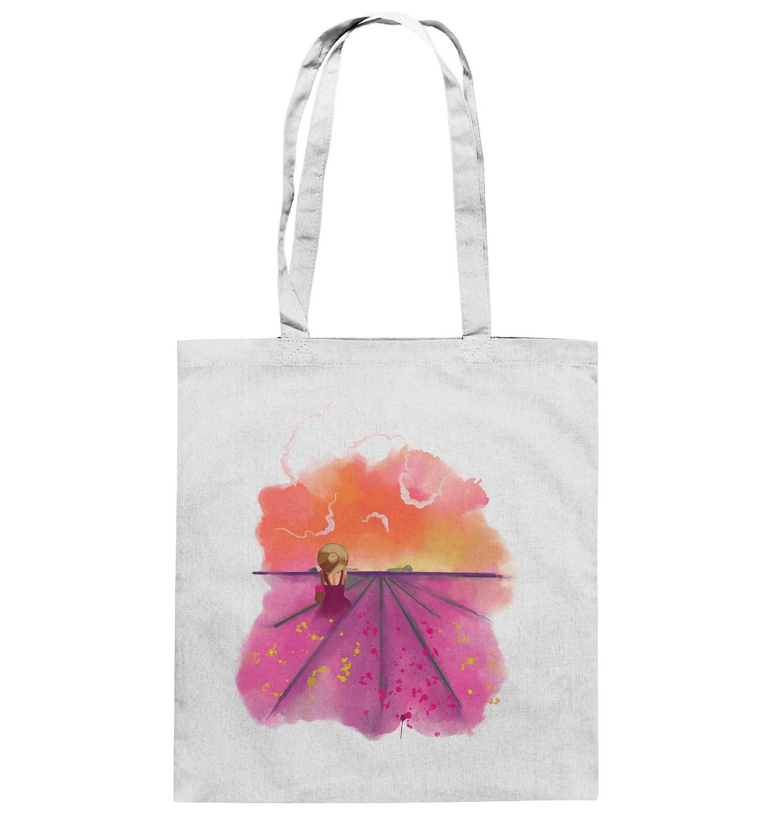 trendige Stofftasche mit künstlerischen Print Lavenderfelder in Lila mit Frau mit Hut