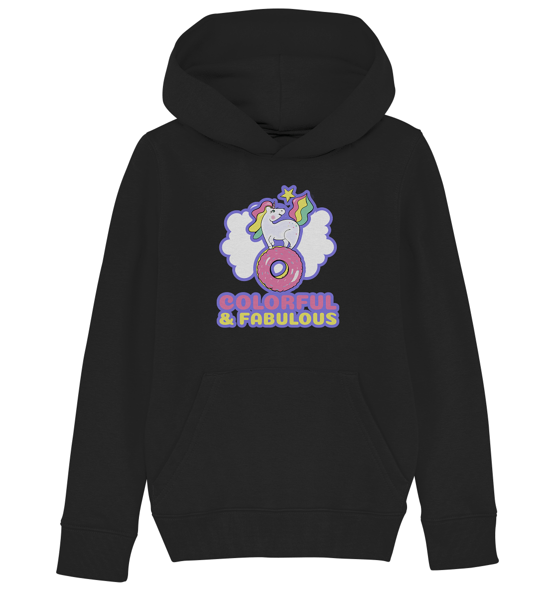 Einhorn Hoodie Kinder in schwarz mit bunten Einhorn Print BLOOMINIC