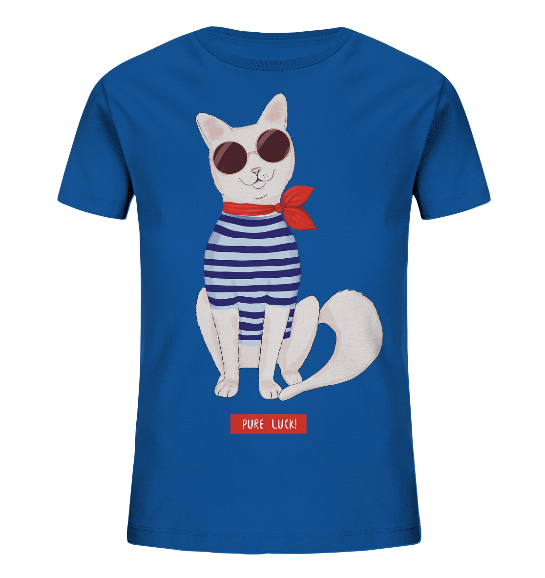 Maritime Katze Comic Kinder Shirt in royal blau mit Katze mit runder Sonnenbrille mit Matrosenhemd Pure Luck Print von BLOOMINIC