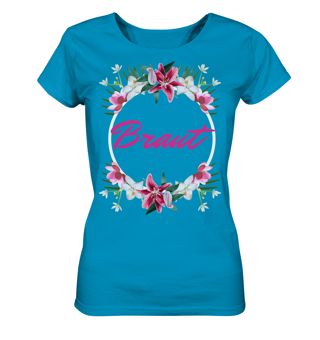 Damen T-Shirt in azur mit Beschriftung Braut T-Shirt Braut und die JGA-Party