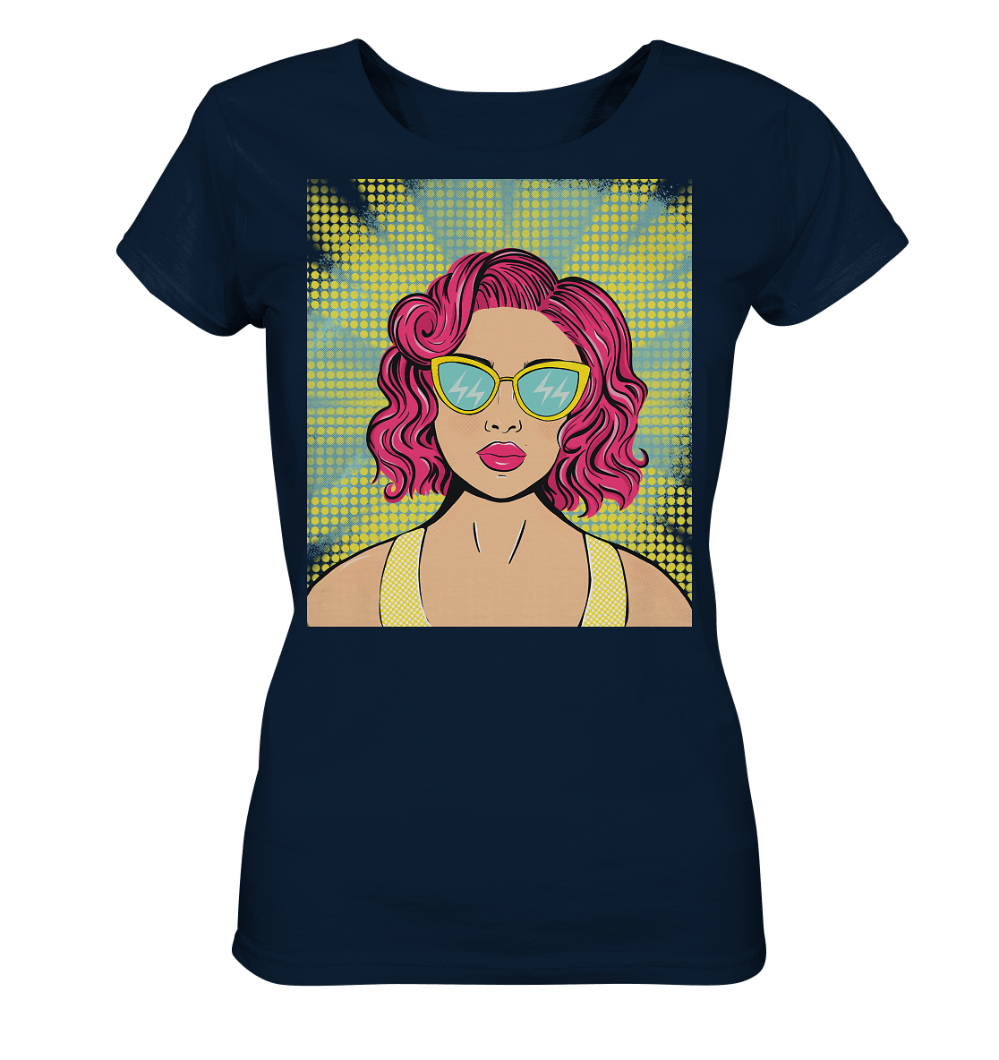Pop art Style t-shirt in navy Comic Style Pop Art Retro Rosa Haare