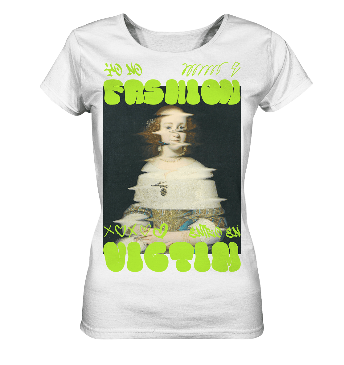 Fashion-Victim-Damen-T-Shirt-in-weiß-lime-gruene-Print