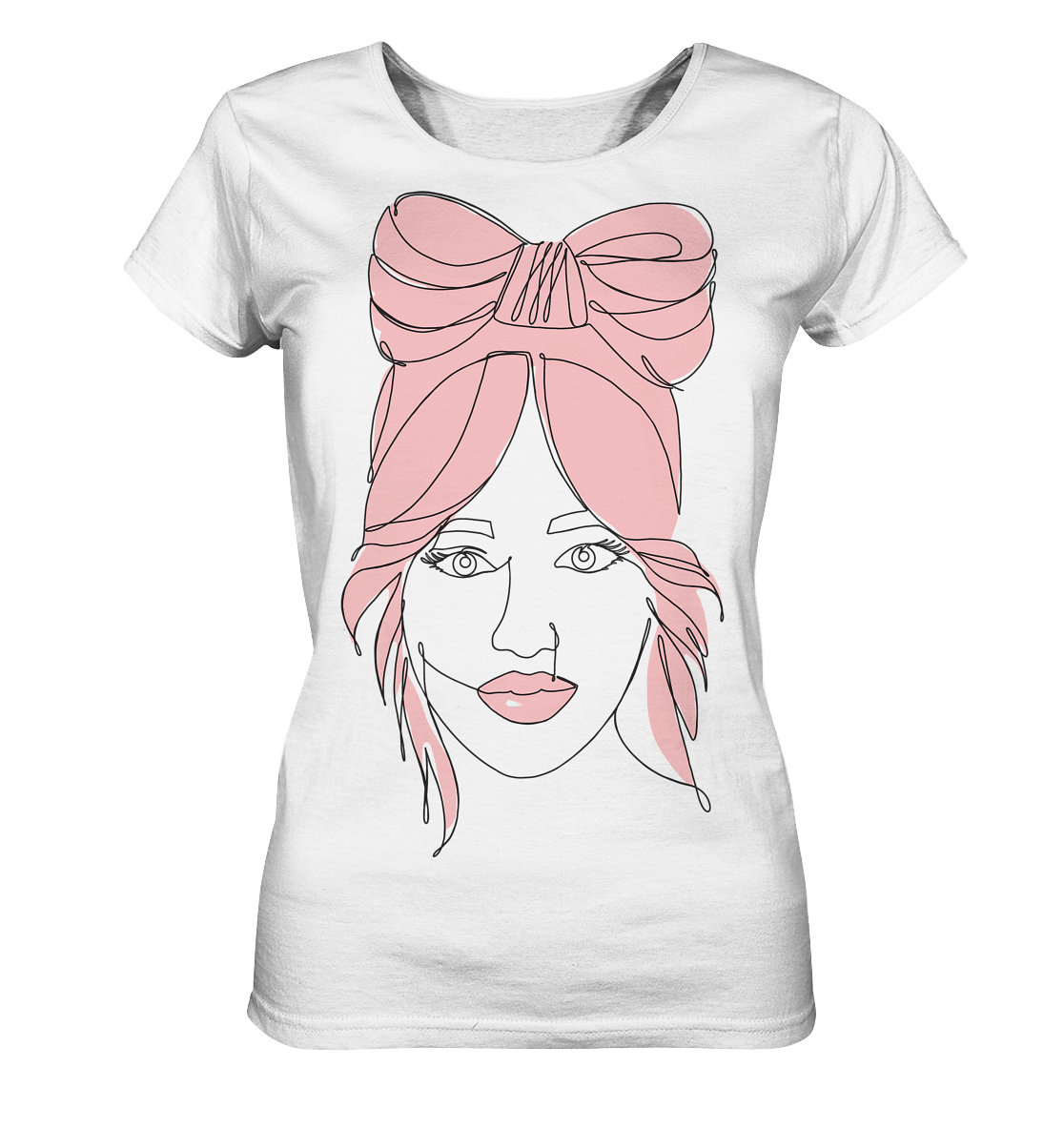 One Line Woman Face Damen T-Shirt mit Monolinie-Design Frauengesicht mit rosa Farben moderne abstrakte Kunstgesicht