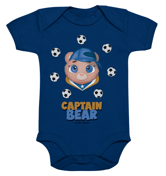 Baby Bär mit Fußball Strampler in blau mit baby Baer Captain Bear cute Team Aufdruck von BLOOMINIC