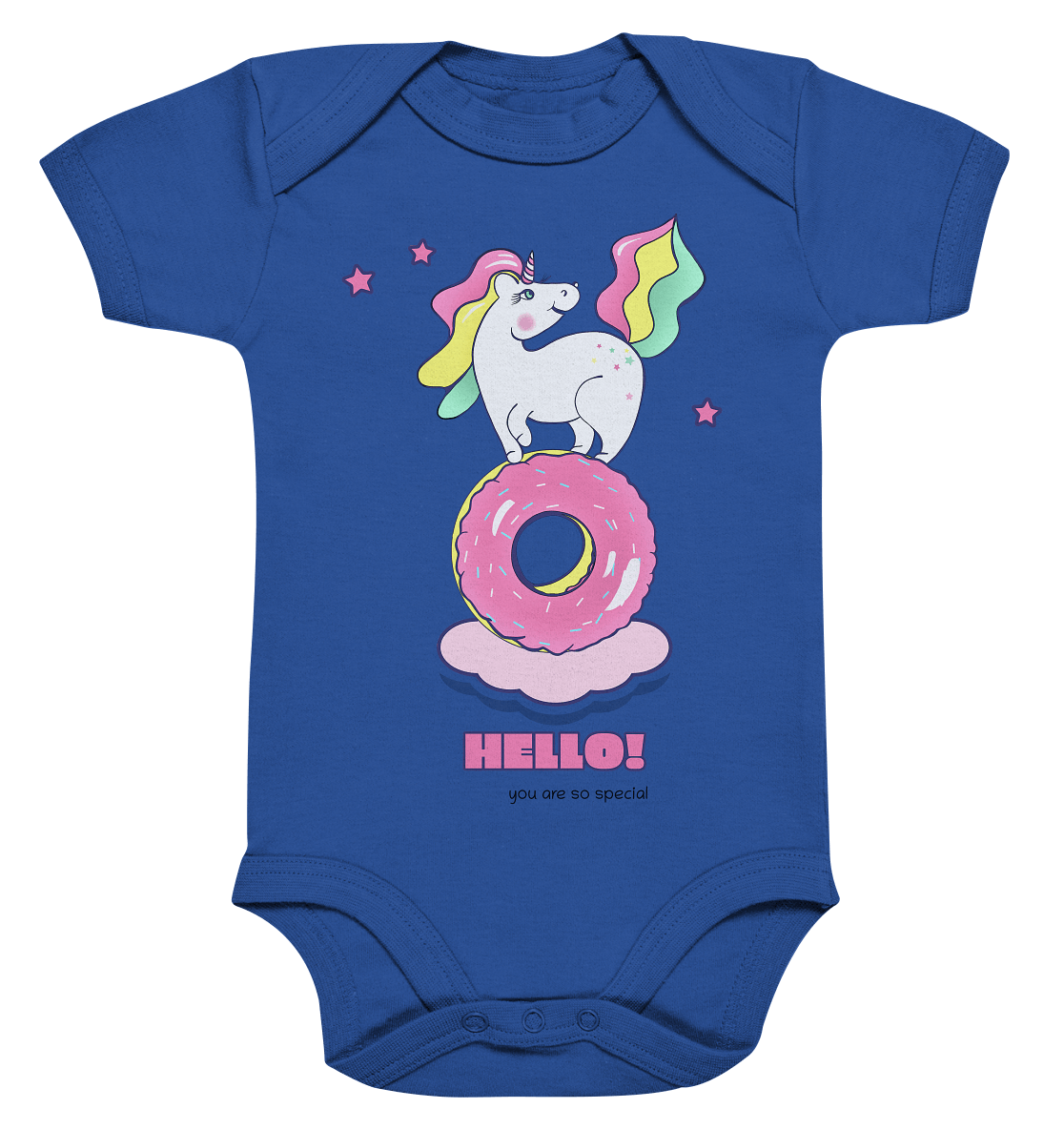 Einhorn Baby Strampler in royal blau mir Einhorn und Unicorn Print von BLOOMINIC