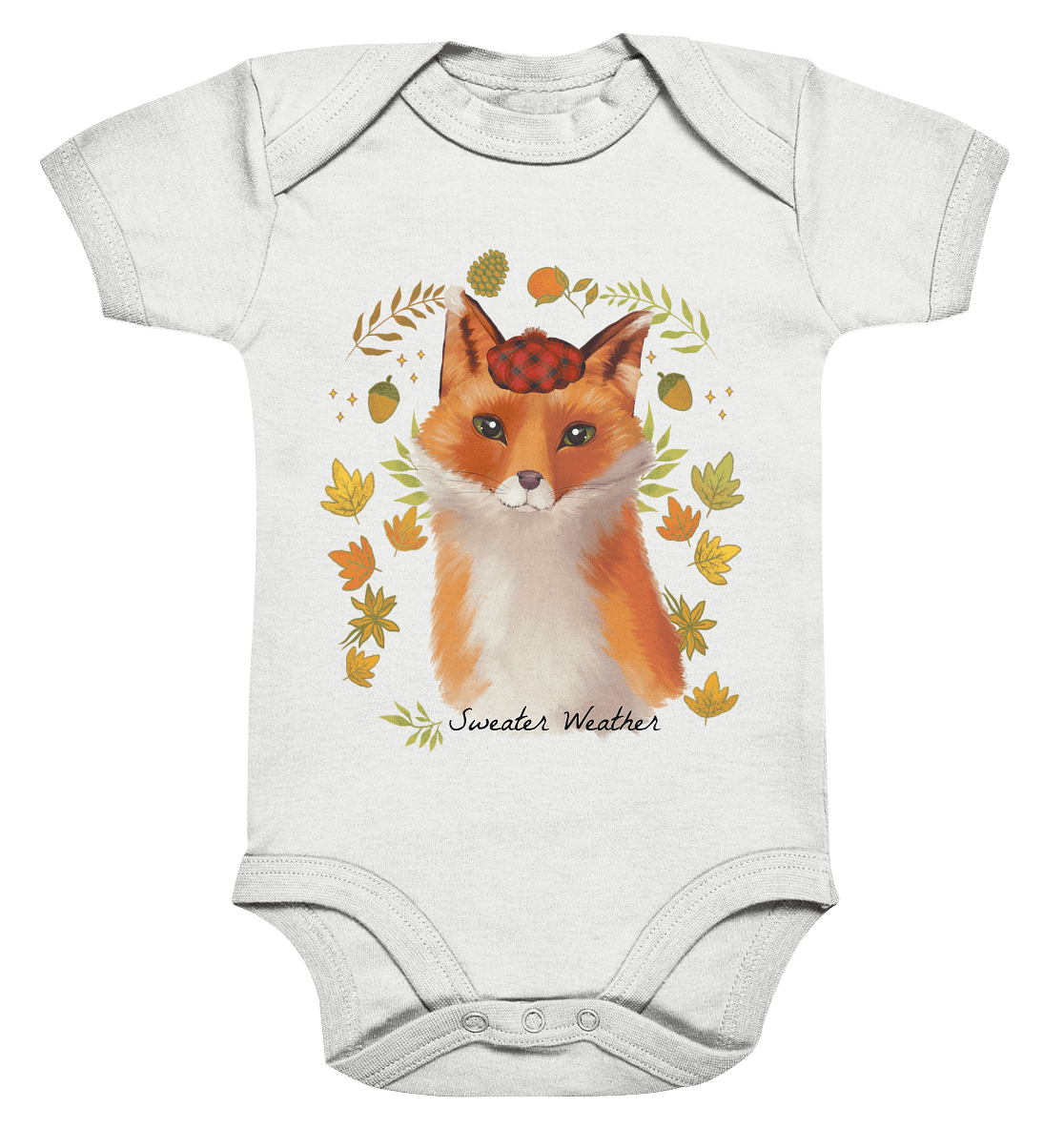 Fuchs im Herbst Baby Strampler in weiß mit kleinem Fuchs Motiv Sweater Weather von BLOOMINIC