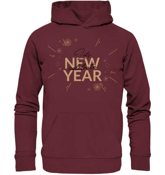 Silvester Kapuzenpullover in burgundi mit Lettering Happy New Year Let's celebrate