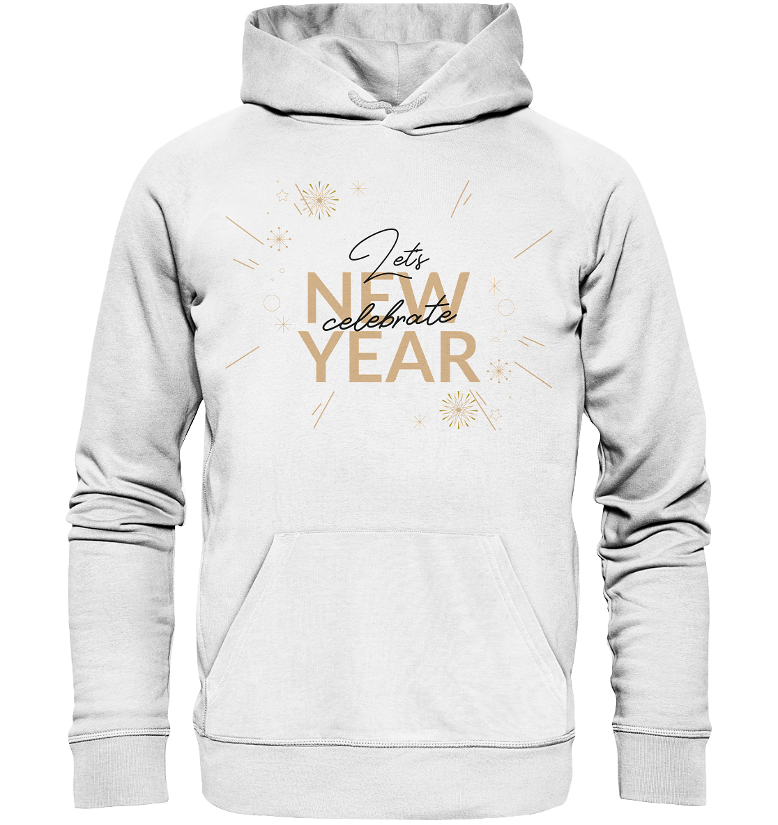 Silvester Kapuzenpullover in weiß mit Lettering Happy New Year Let's celebrate