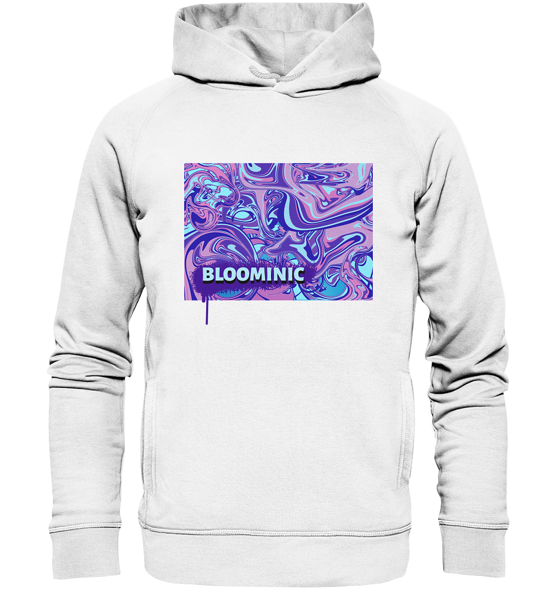 Fashion Kapuzenpullover für Damen mit modernen und trendigen Illustration und Beschriftung "Bloominic."