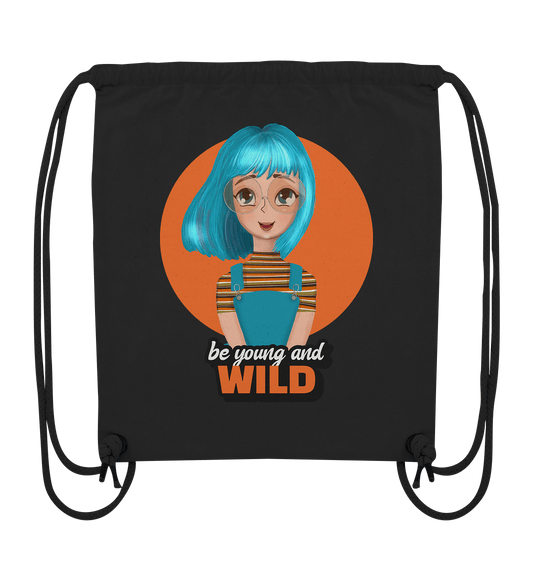 Turnbeutel Cartoon Design mit trendigen türkisfarbenen Haaren und Beschriftung "be young and wild" 