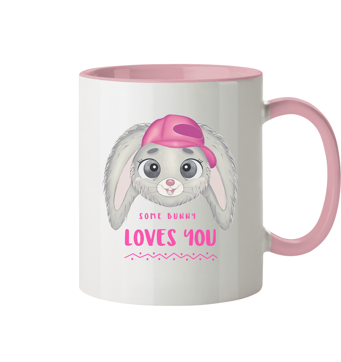 Zweifarbige Tasse mit handgezeichneten Hasen und Beschriftung "Some Bunny loves you."