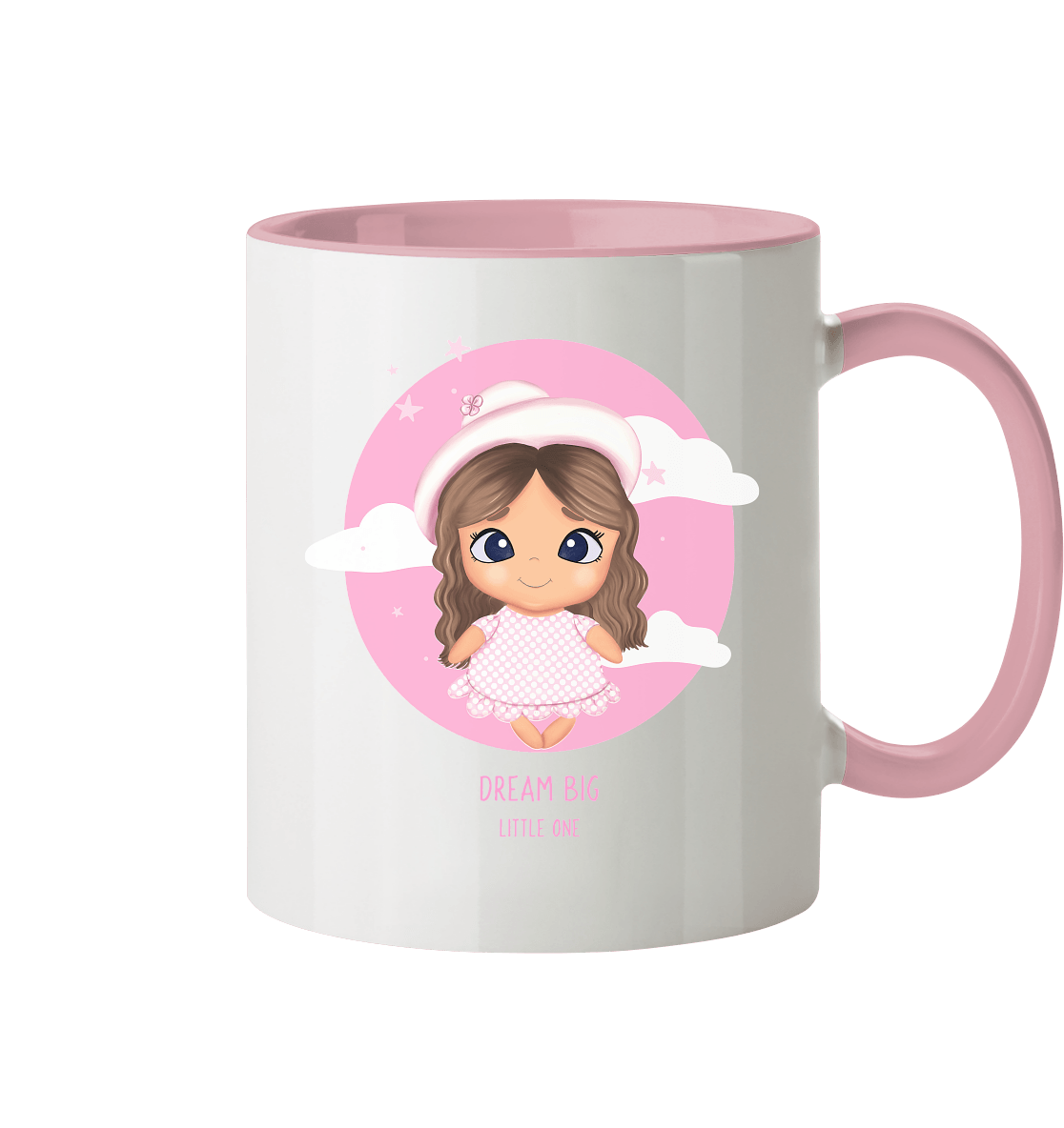 Zweifarbige Tasse mit handgezeichneten Cartoon und Beschriftung "Dream Big little one" Hübsches Mädchen