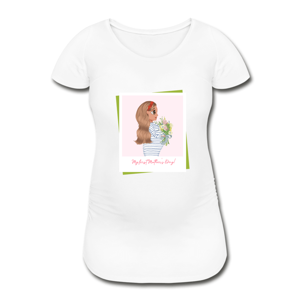 Frauen Schwangerschafts-T-Shirt - Weiß Schwangerschafts -T-Shirt mit Bloominic Design: Beschriftung "My first mother´s day" und handgezeichneten Cartoon.