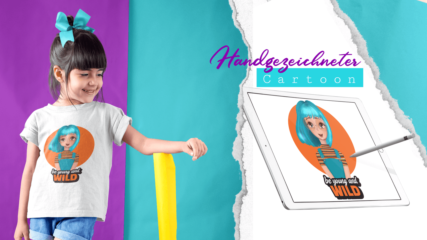 Cartoon T-Shirt für Mädchen mit handgezeichneten Girl Cartoon mit türkis Haaren von Bloominic