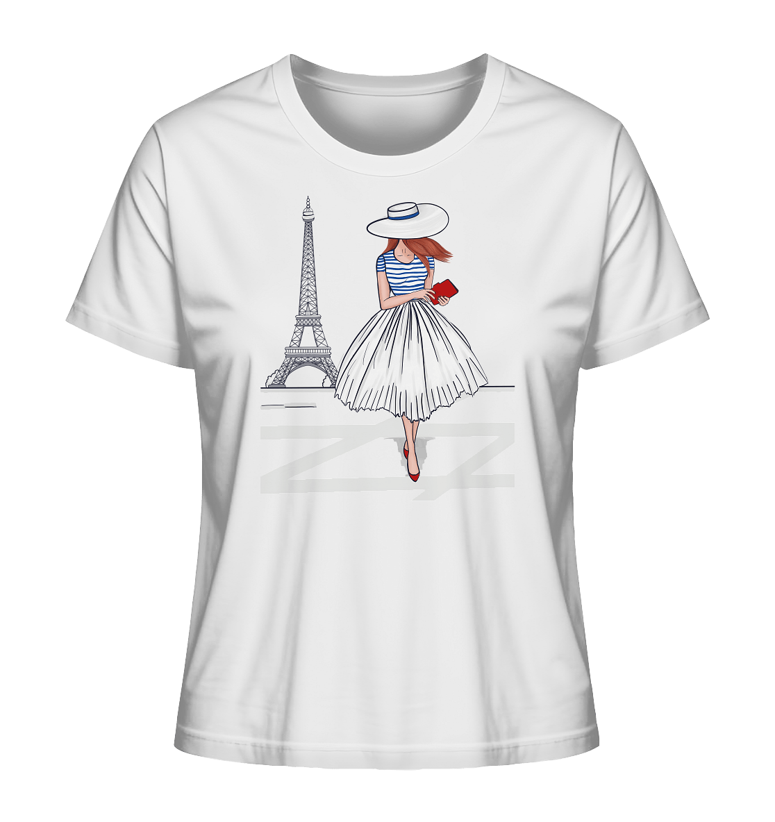 Damen-T-Shirt-mit-handgezeichneten-Eifelturm-Dame-mit-Hut-und-Streifenshirt-in-blau-Damen-T-Shirt-Fashion-Sketch-Pariserin