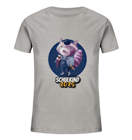 Einschulung T-Shirt Schulkind 2025 Waschbär mit Zuckertüte in grau