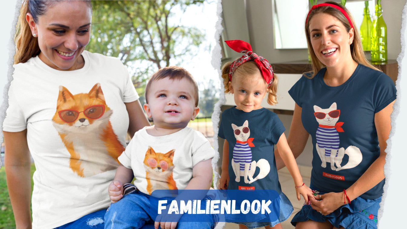 Familienlook Shirts Mutter Kind Shirts mit Katze Fuchsmotive Familienoutfits