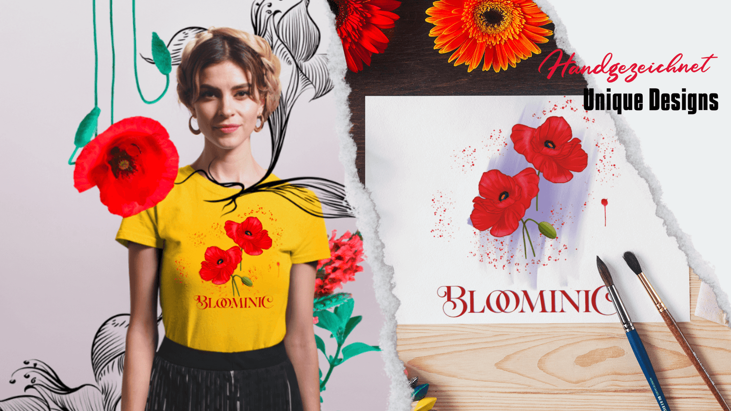 Mohn Design auf Dament T-Shirt, exklusive handgezeichnete Mohnblumen Muster