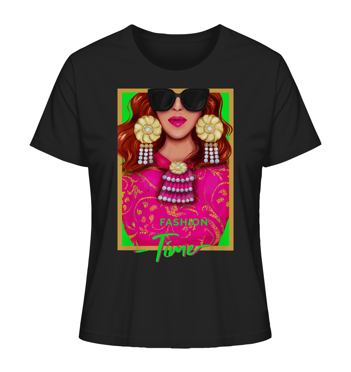 Damen T-Shirt in schwarz mit Neongrün Neonpink Lady Fashion Shirt BLOOMINIC 