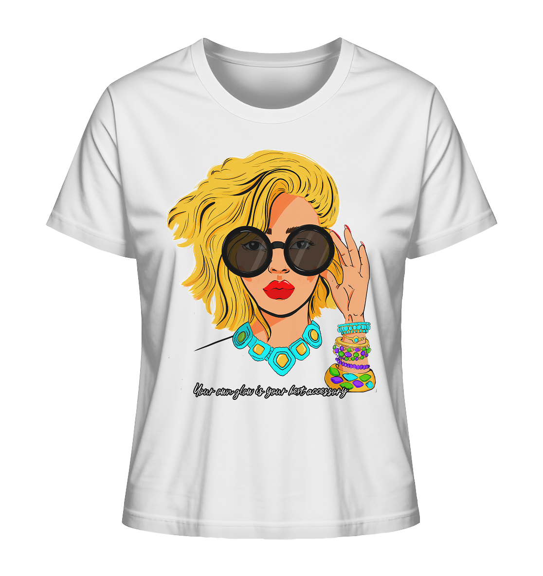 WOMEN-Print-T-Shirt-in-weiß-mit-kunstvollem-Print-Women-fashion-face-your-own-glow-is-your-best-accessory