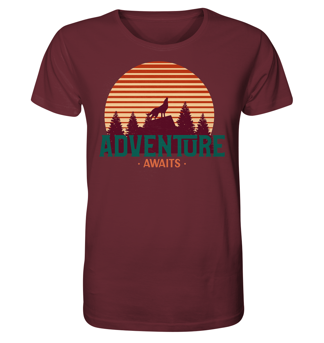 Herren T-Shirt mit Design der wilden Natur in Flat Style Bergmensch und Beschriftung "Adventure Awaits".