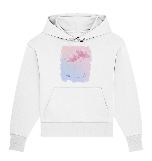 Damen Oversize Kapuzenpullover mit handgezeichneten Aquarell Blumen Design und Beschriftung "Believe in yourself."