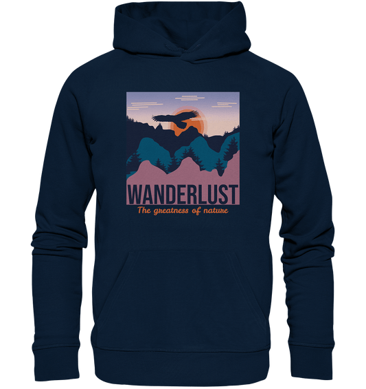 Wanderlust Bermensch Hoodie in navy blau mit Berge Print