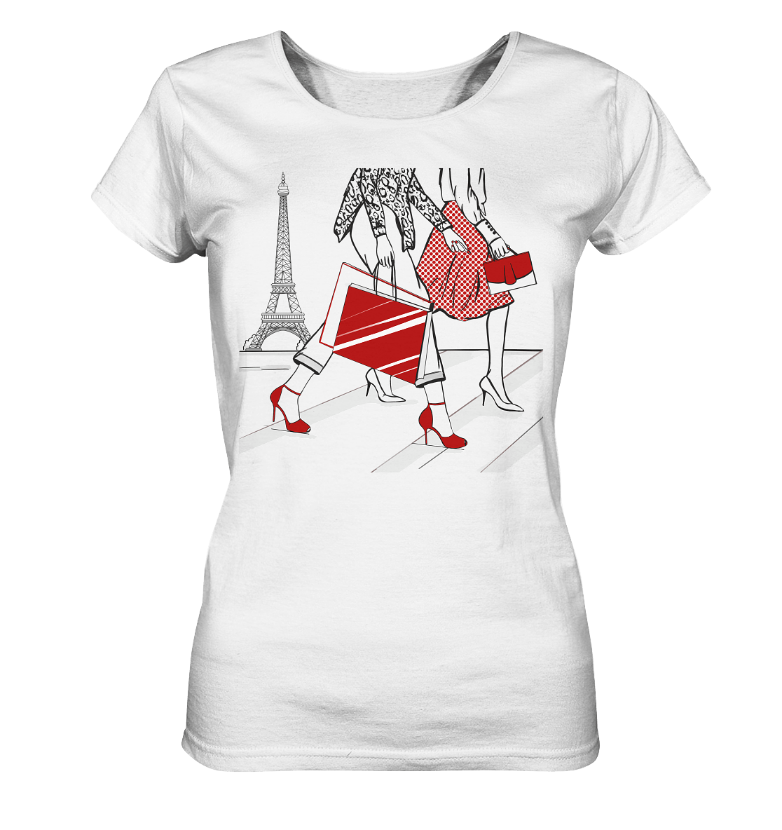 Damen T-Shirt mit Fashion Design mit Eifelturm und laufenden Damen schwarz rot weiss Sketch von Bloominic kaufen