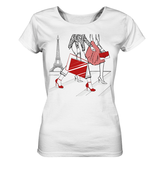 Damen T-Shirt mit Fashion Design mit Eifelturm und laufenden Damen schwarz rot weiss Sketch von Bloominic kaufen