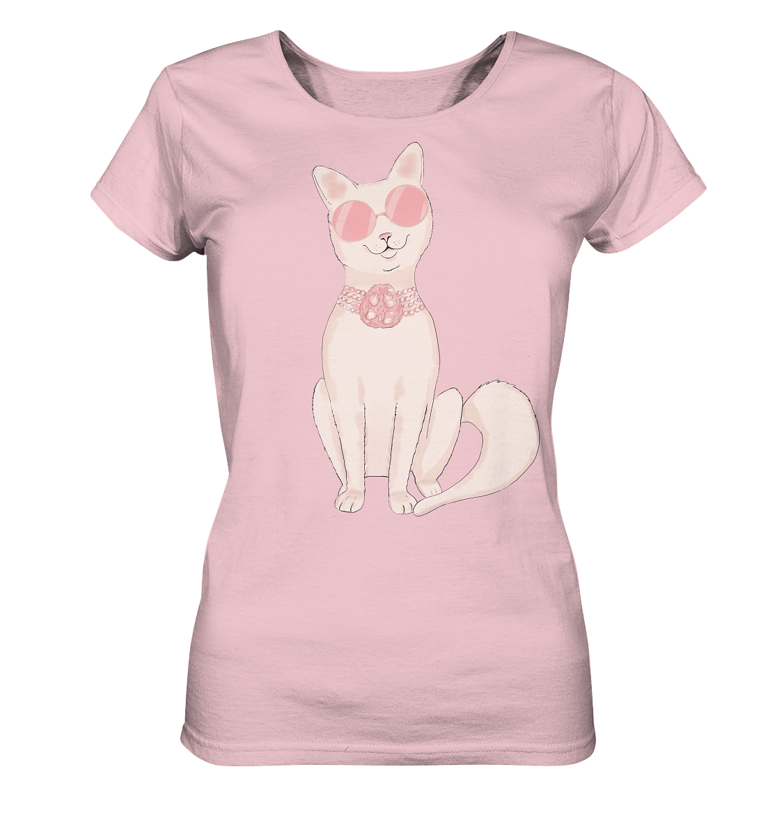 Katze Damen T-Shirt mit Katze in runder Sonnenbrille und Perlen Halskette in rosa Tönen von Bloominic Katzenzeichnung